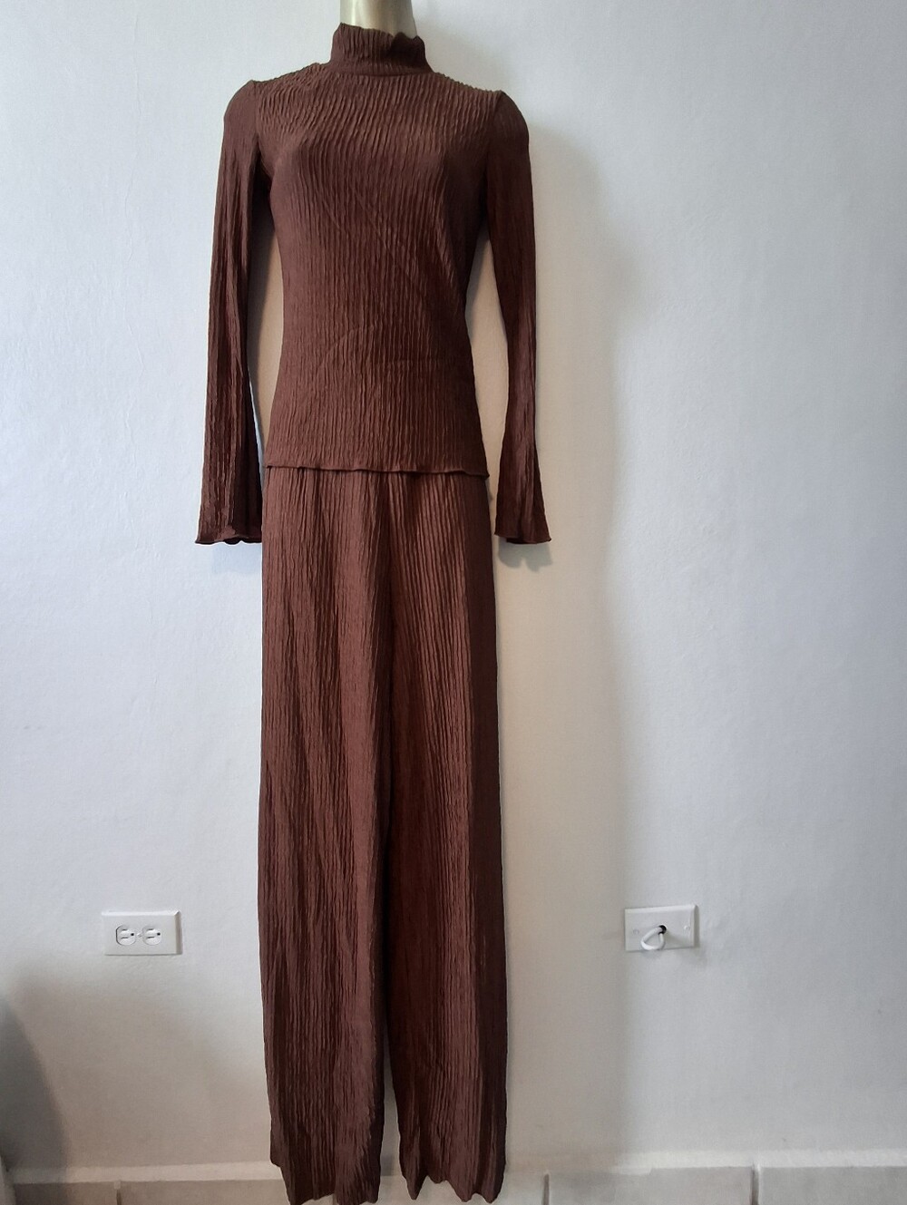 Brown Pleated Two Piece Pant Set Women's Elegant Everyday